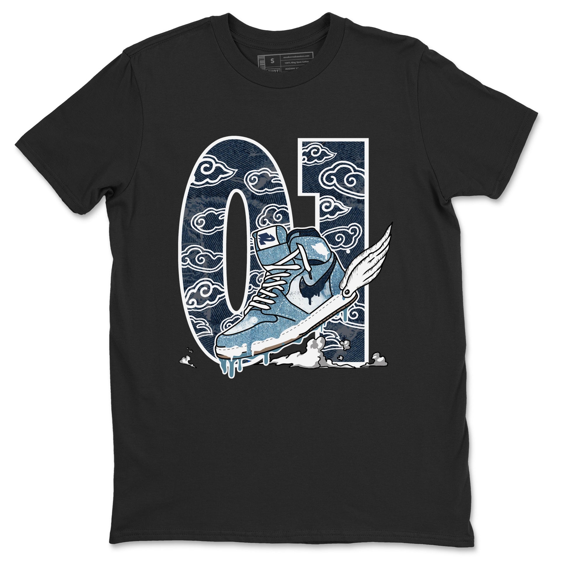 1s Denim shirts to match jordans Fly To The Clouds sneaker match tees Air Jordan 1 Denim SNRT Sneaker Tees streetwear brand Black 2 unisex cotton tee
