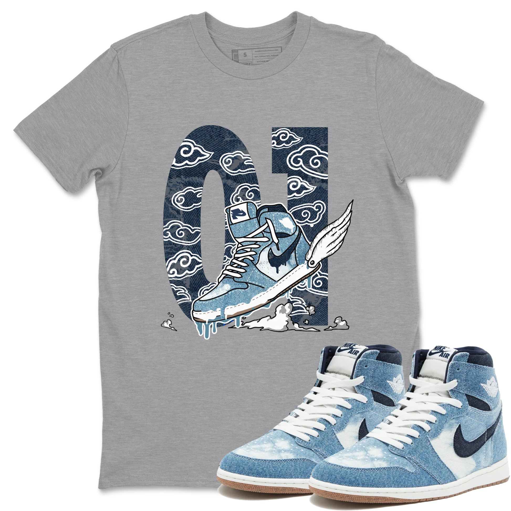 1s Denim shirts to match jordans Fly To The Clouds sneaker match tees Air Jordan 1 Denim SNRT Sneaker Tees streetwear brand Heather Grey 1 unisex cotton tee