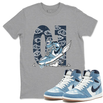 1s Denim shirts to match jordans Fly To The Clouds sneaker match tees Air Jordan 1 Denim SNRT Sneaker Tees streetwear brand Heather Grey 1 unisex cotton tee