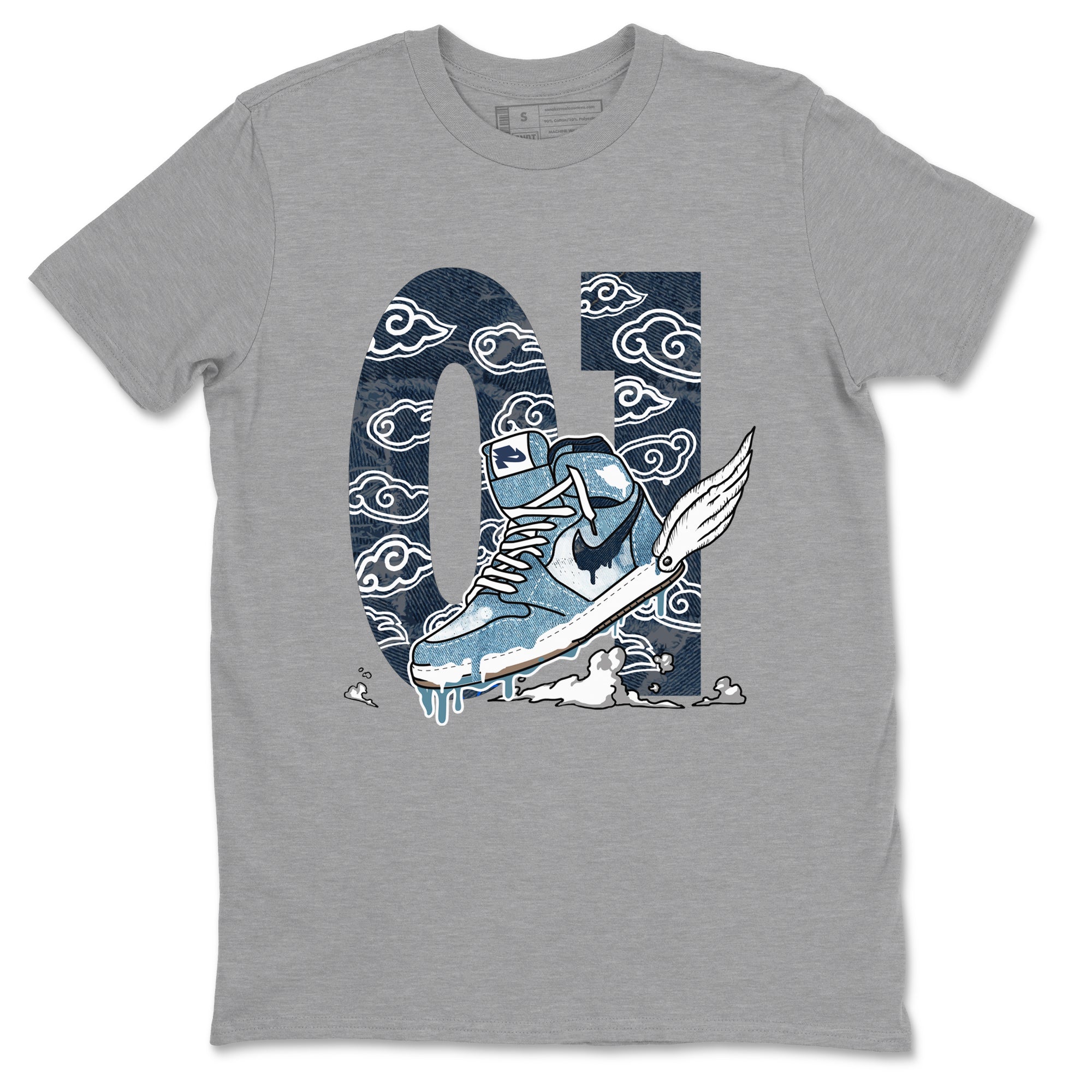 1s Denim shirts to match jordans Fly To The Clouds sneaker match tees Air Jordan 1 Denim SNRT Sneaker Tees streetwear brand Heather Grey 2 unisex cotton tee