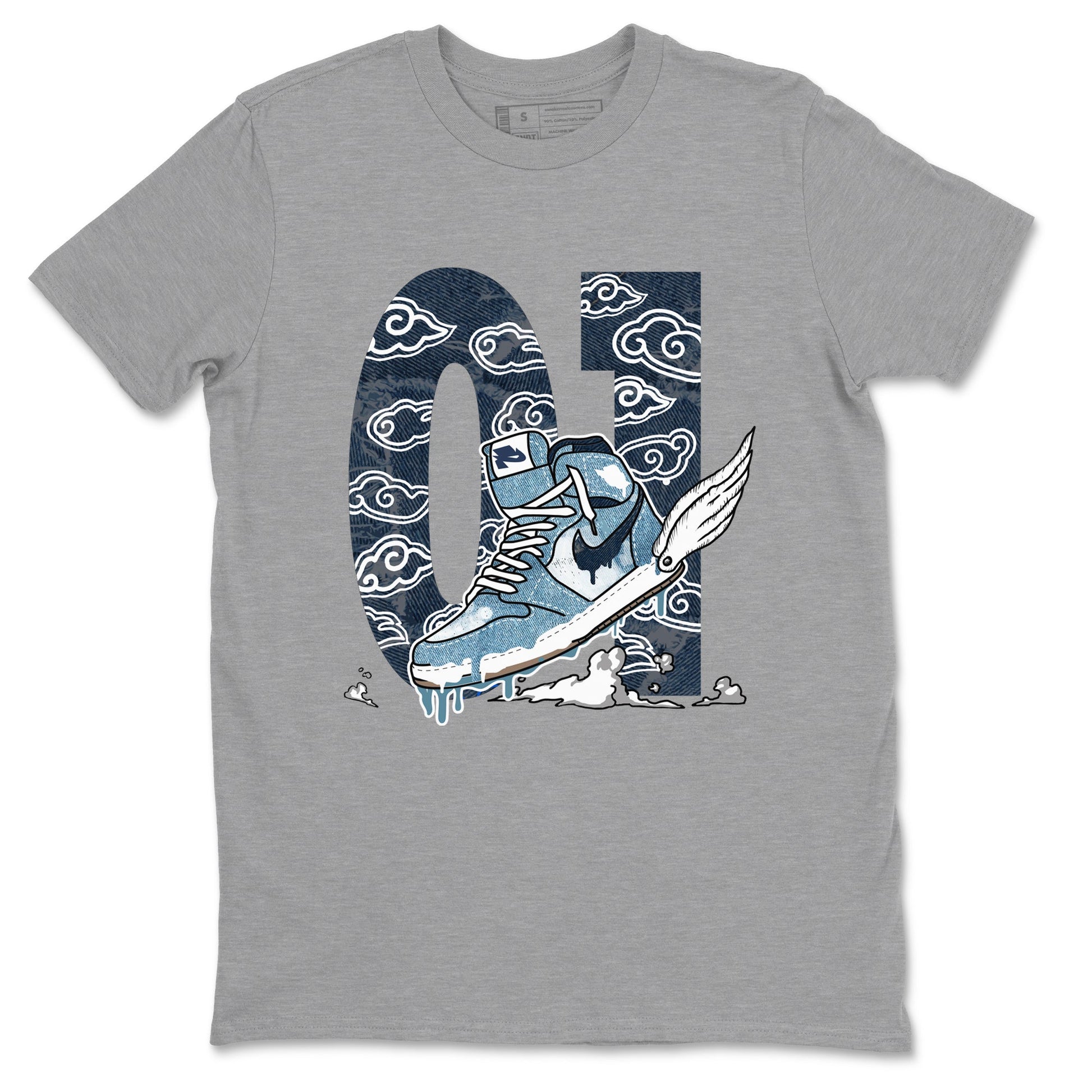 1s Denim shirts to match jordans Fly To The Clouds sneaker match tees Air Jordan 1 Denim SNRT Sneaker Tees streetwear brand Heather Grey 2 unisex cotton tee