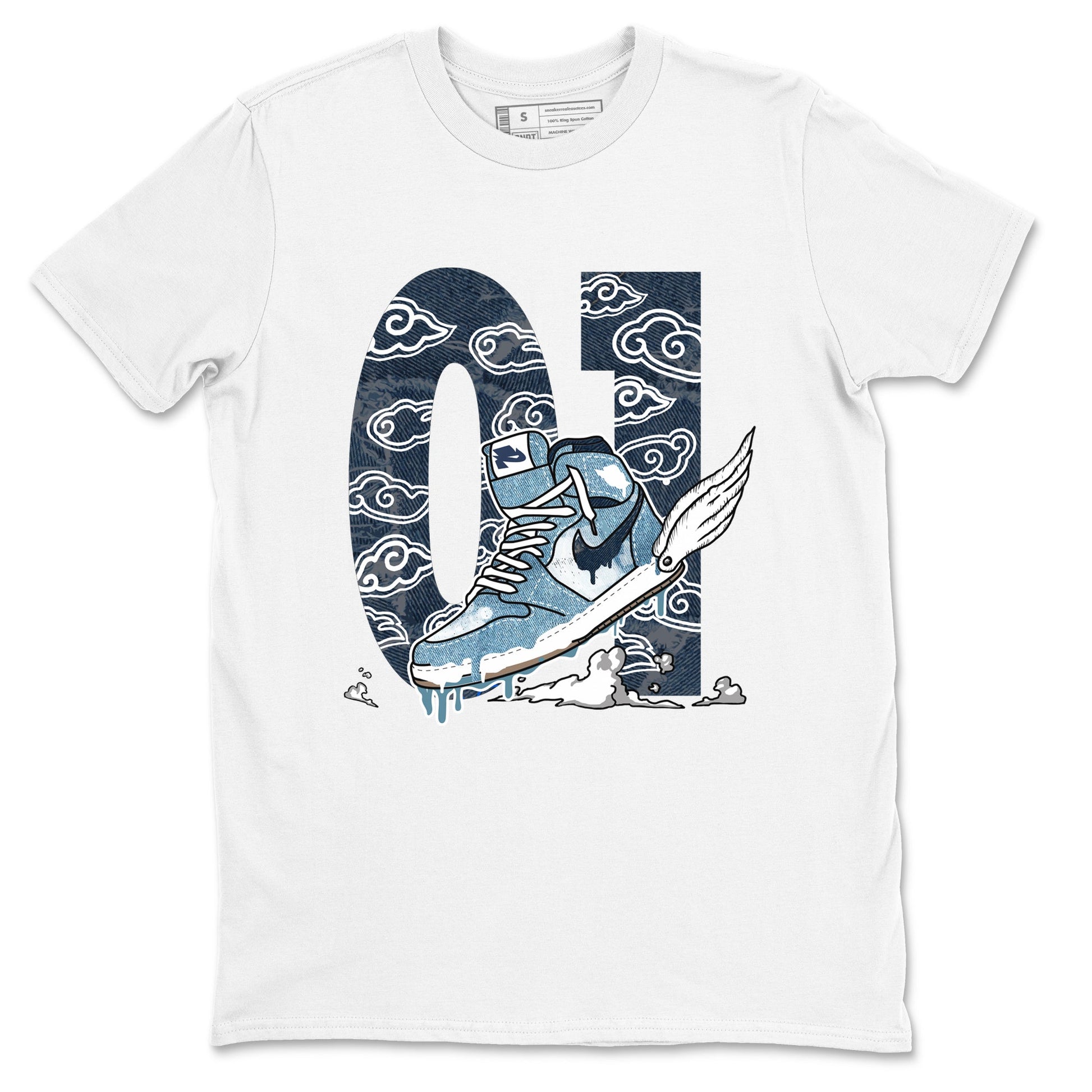 1s Denim shirts to match jordans Fly To The Clouds sneaker match tees Air Jordan 1 Denim SNRT Sneaker Tees streetwear brand White 2 unisex cotton tee