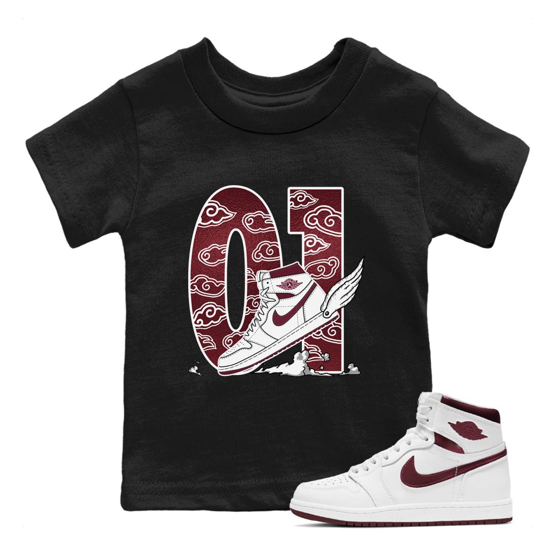 AJ1 High '85 Metallic Burgundy shirts to match jordans Fly To The Clouds sneaker match tees 1s High '85 Metallic Burgundy SNRT Sneaker Tees streetwear brand Baby and Youth Black 1 cotton tee