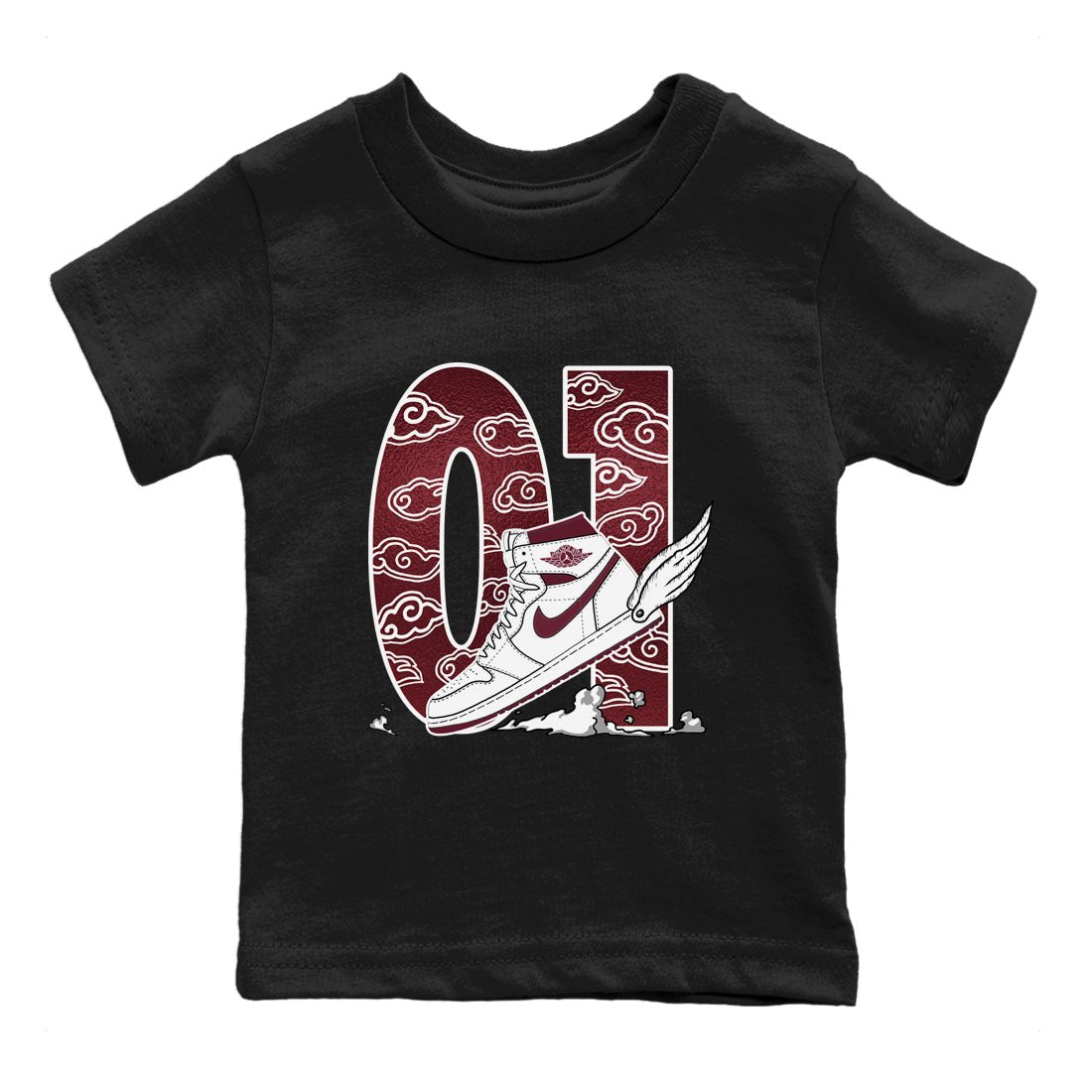 AJ1 High '85 Metallic Burgundy shirts to match jordans Fly To The Clouds sneaker match tees 1s High '85 Metallic Burgundy SNRT Sneaker Tees streetwear brand Baby and Youth Black 2 cotton tee