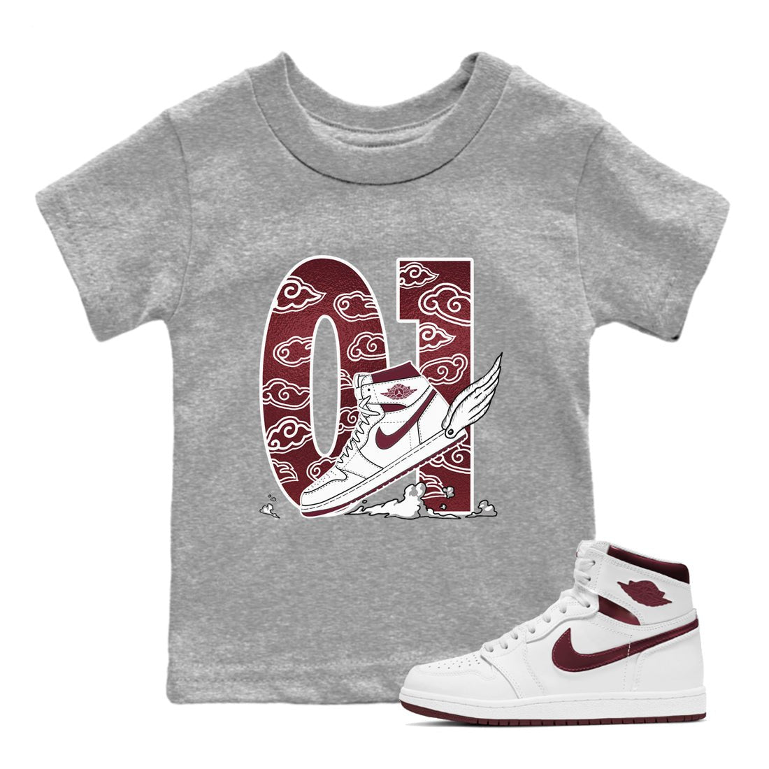 AJ1 High '85 Metallic Burgundy shirts to match jordans Fly To The Clouds sneaker match tees 1s High '85 Metallic Burgundy SNRT Sneaker Tees streetwear brand Baby and Youth Heather Grey 1 cotton tee
