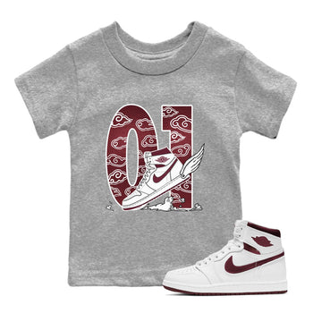 AJ1 High '85 Metallic Burgundy shirts to match jordans Fly To The Clouds sneaker match tees 1s High '85 Metallic Burgundy SNRT Sneaker Tees streetwear brand Baby and Youth Heather Grey 1 cotton tee