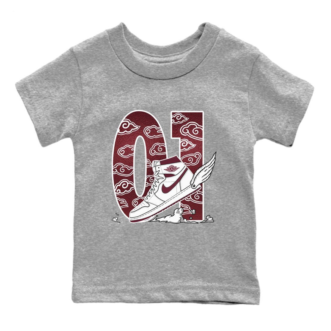 AJ1 High '85 Metallic Burgundy shirts to match jordans Fly To The Clouds sneaker match tees 1s High '85 Metallic Burgundy SNRT Sneaker Tees streetwear brand Baby and Youth Heather Grey 2 cotton tee