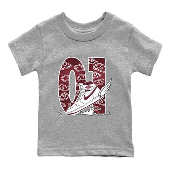 AJ1 High '85 Metallic Burgundy shirts to match jordans Fly To The Clouds sneaker match tees 1s High '85 Metallic Burgundy SNRT Sneaker Tees streetwear brand Baby and Youth Heather Grey 2 cotton tee
