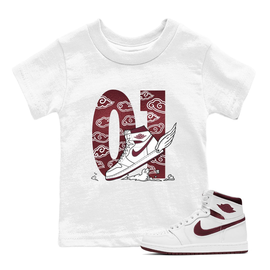 AJ1 High '85 Metallic Burgundy shirts to match jordans Fly To The Clouds sneaker match tees 1s High '85 Metallic Burgundy SNRT Sneaker Tees streetwear brand Baby and Youth White 1 cotton tee