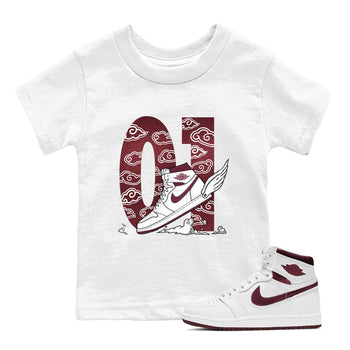 AJ1 High '85 Metallic Burgundy shirts to match jordans Fly To The Clouds sneaker match tees 1s High '85 Metallic Burgundy SNRT Sneaker Tees streetwear brand Baby and Youth White 1 cotton tee
