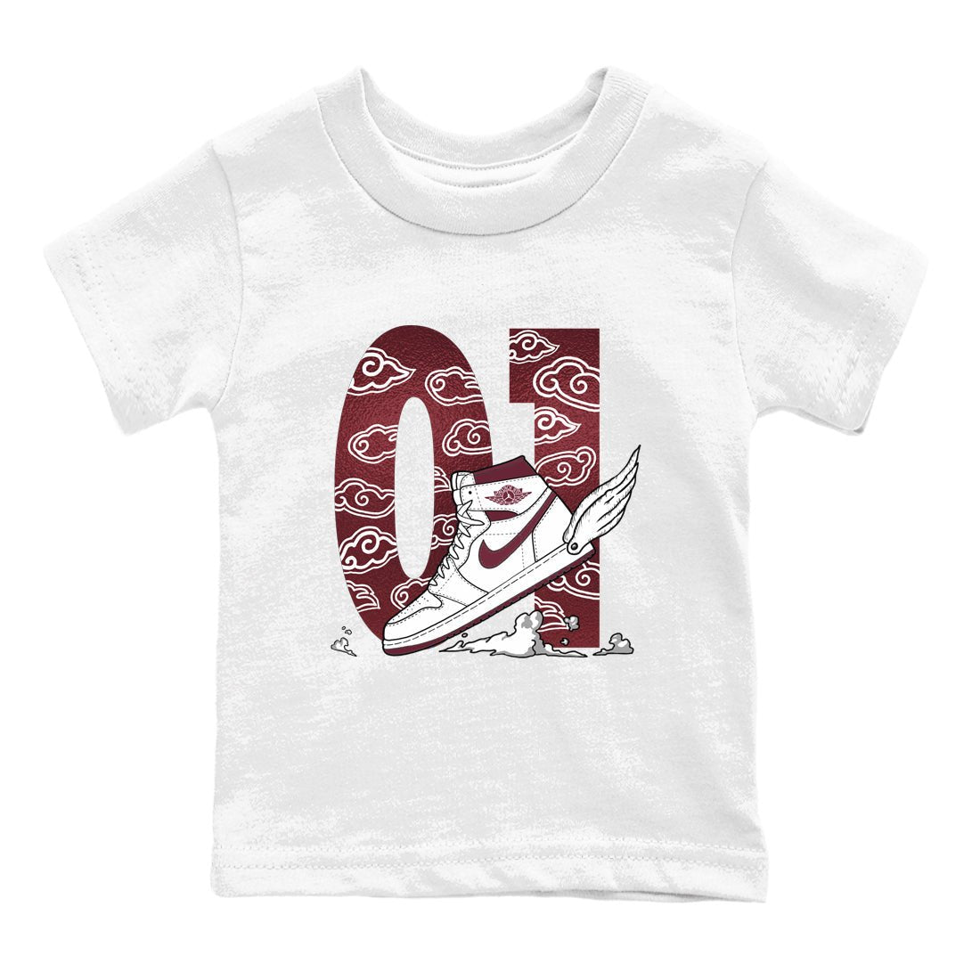 AJ1 High '85 Metallic Burgundy shirts to match jordans Fly To The Clouds sneaker match tees 1s High '85 Metallic Burgundy SNRT Sneaker Tees streetwear brand Baby and Youth White 2 cotton tee
