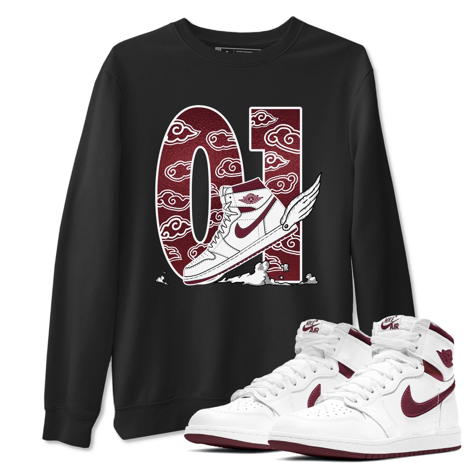 AJ1 High '85 Metallic Burgundy shirts to match jordans Fly To The Clouds sneaker match tees 1s High '85 Metallic Burgundy SNRT Sneaker Tees streetwear brand Black 1 unisex cotton tee