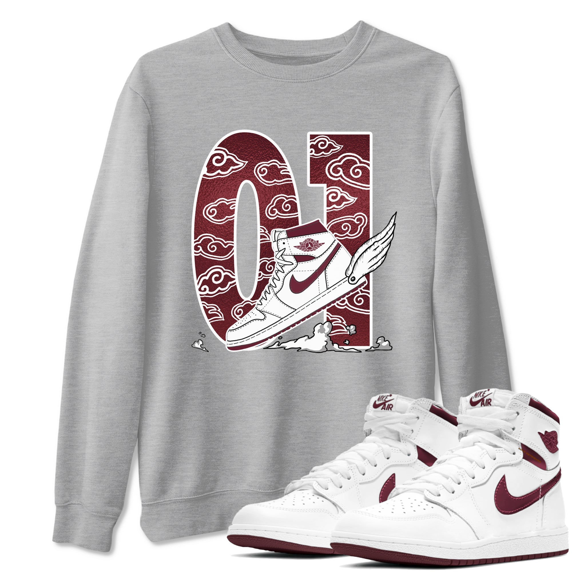 AJ1 High '85 Metallic Burgundy shirts to match jordans Fly To The Clouds sneaker match tees 1s High '85 Metallic Burgundy SNRT Sneaker Tees streetwear brand Heather Grey 1 unisex cotton tee