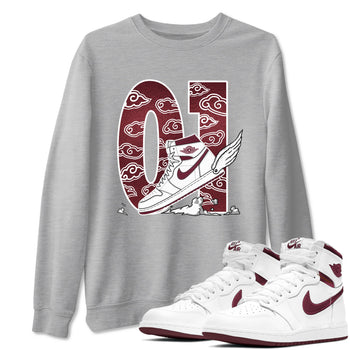 AJ1 High '85 Metallic Burgundy shirts to match jordans Fly To The Clouds sneaker match tees 1s High '85 Metallic Burgundy SNRT Sneaker Tees streetwear brand Heather Grey 1 unisex cotton tee