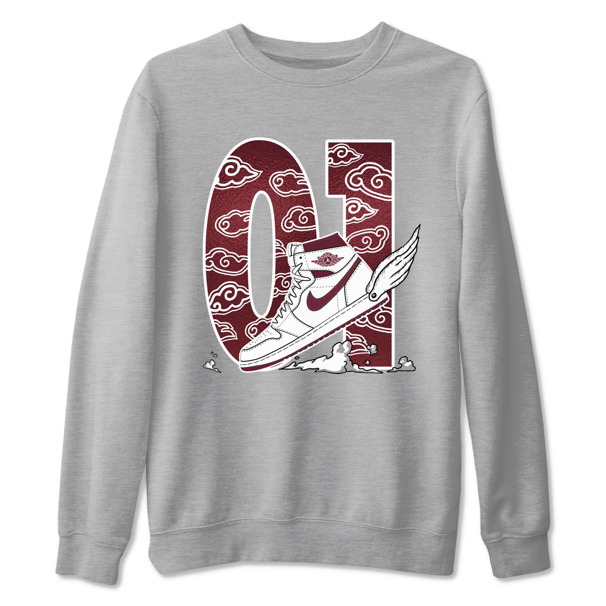 AJ1 High '85 Metallic Burgundy shirts to match jordans Fly To The Clouds sneaker match tees 1s High '85 Metallic Burgundy SNRT Sneaker Tees streetwear brand Heather Grey 2 unisex cotton tee