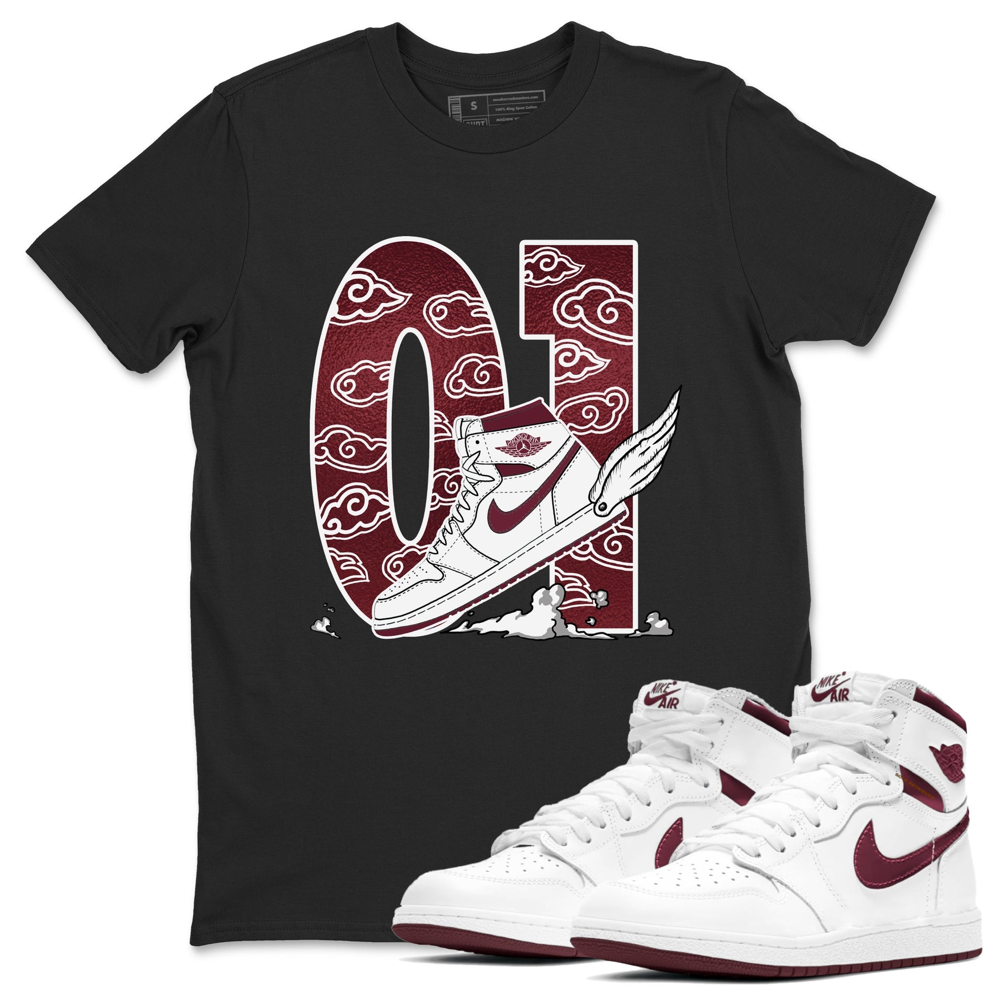 AJ1 High '85 Metallic Burgundy shirts to match jordans Fly To The Clouds sneaker match tees 1s High '85 Metallic Burgundy SNRT Sneaker Tees streetwear brand Black 1 unisex cotton tee