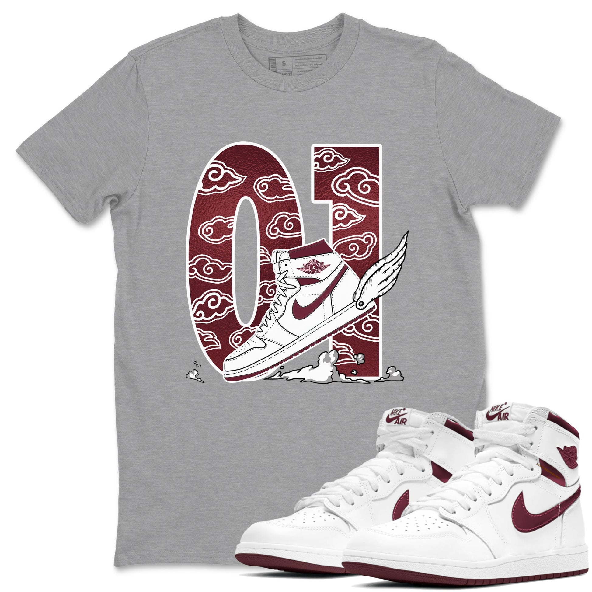 AJ1 High '85 Metallic Burgundy shirts to match jordans Fly To The Clouds sneaker match tees 1s High '85 Metallic Burgundy SNRT Sneaker Tees streetwear brand Heather Grey 1 unisex cotton tee