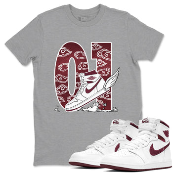 AJ1 High '85 Metallic Burgundy shirts to match jordans Fly To The Clouds sneaker match tees 1s High '85 Metallic Burgundy SNRT Sneaker Tees streetwear brand Heather Grey 1 unisex cotton tee