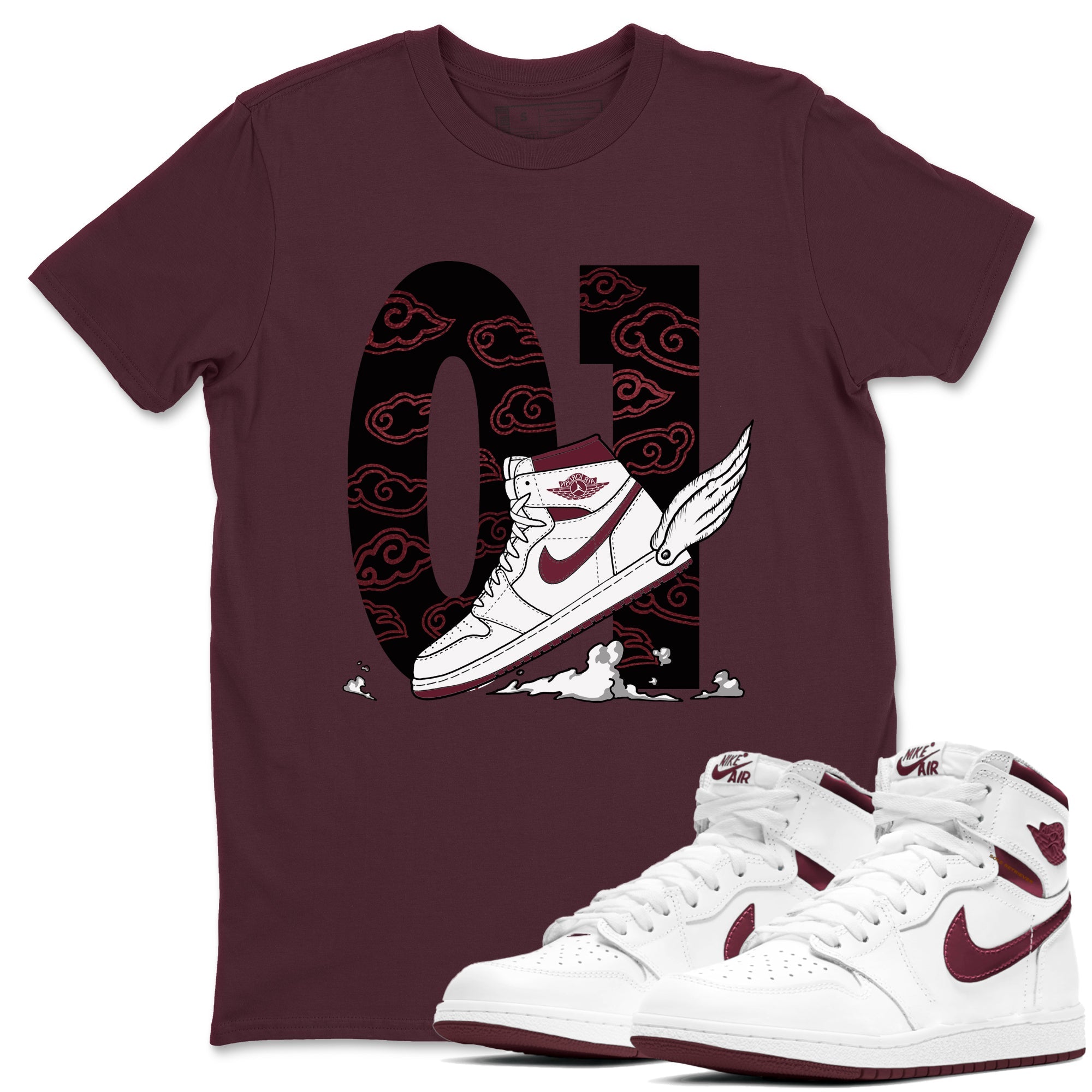 AJ1 High '85 Metallic Burgundy shirts to match jordans Fly To The Clouds sneaker match tees 1s High '85 Metallic Burgundy SNRT Sneaker Tees streetwear brand Maroon 1 unisex cotton tee