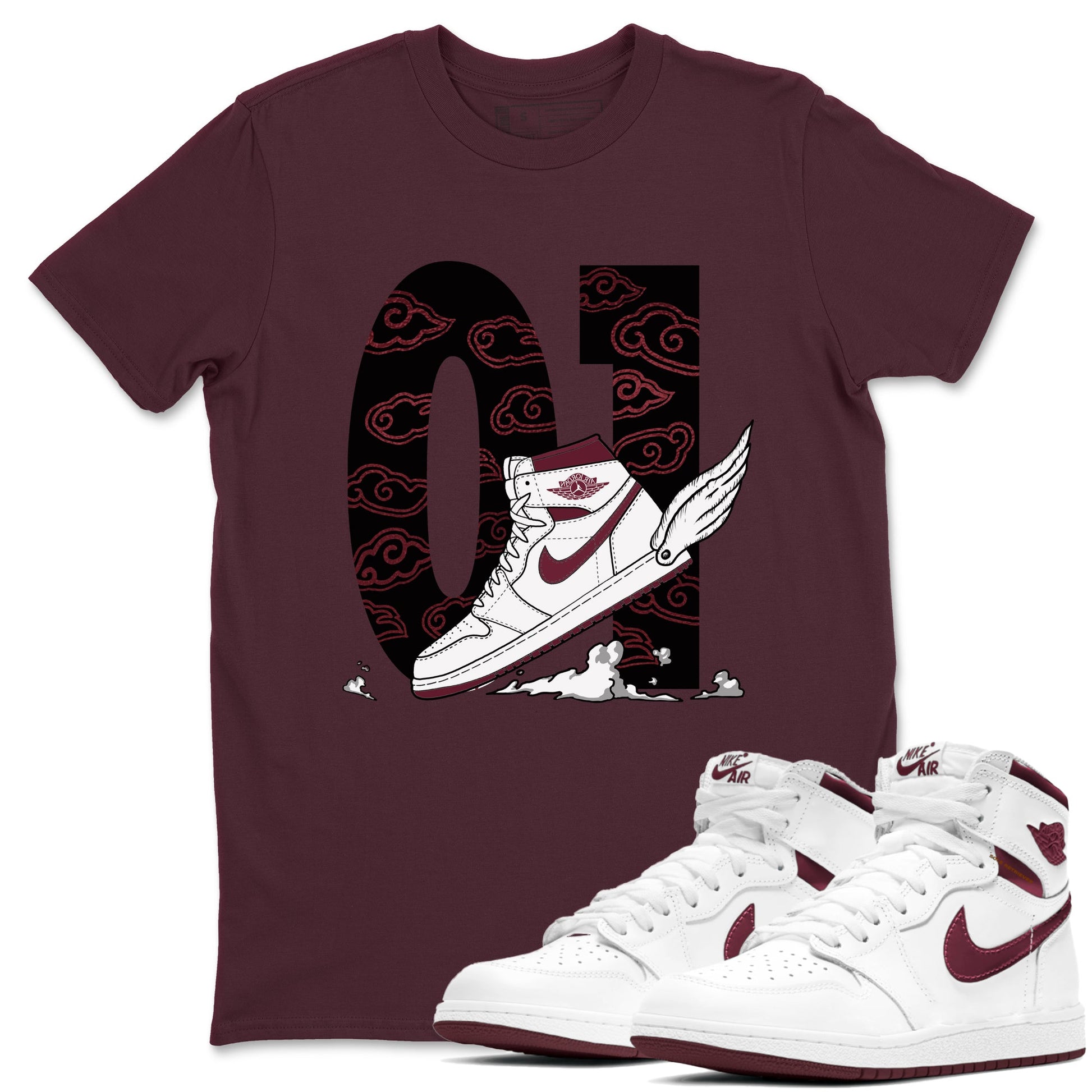 AJ1 High '85 Metallic Burgundy shirts to match jordans Fly To The Clouds sneaker match tees 1s High '85 Metallic Burgundy SNRT Sneaker Tees streetwear brand Maroon 1 unisex cotton tee
