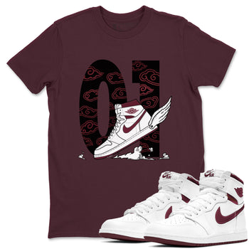 AJ1 High '85 Metallic Burgundy shirts to match jordans Fly To The Clouds sneaker match tees 1s High '85 Metallic Burgundy SNRT Sneaker Tees streetwear brand Maroon 1 unisex cotton tee