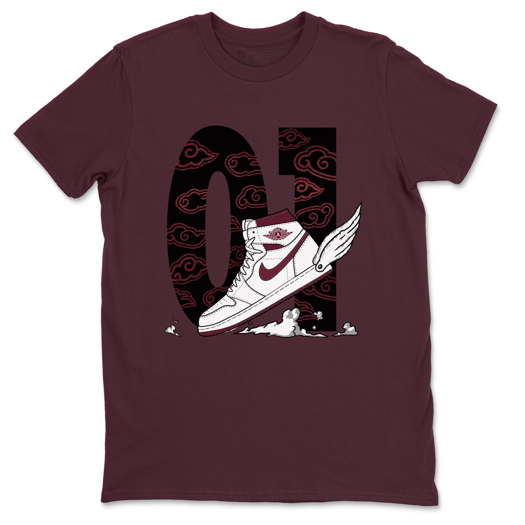 AJ1 High '85 Metallic Burgundy shirts to match jordans Fly To The Clouds sneaker match tees 1s High '85 Metallic Burgundy SNRT Sneaker Tees streetwear brand Maroon 2 unisex cotton tee