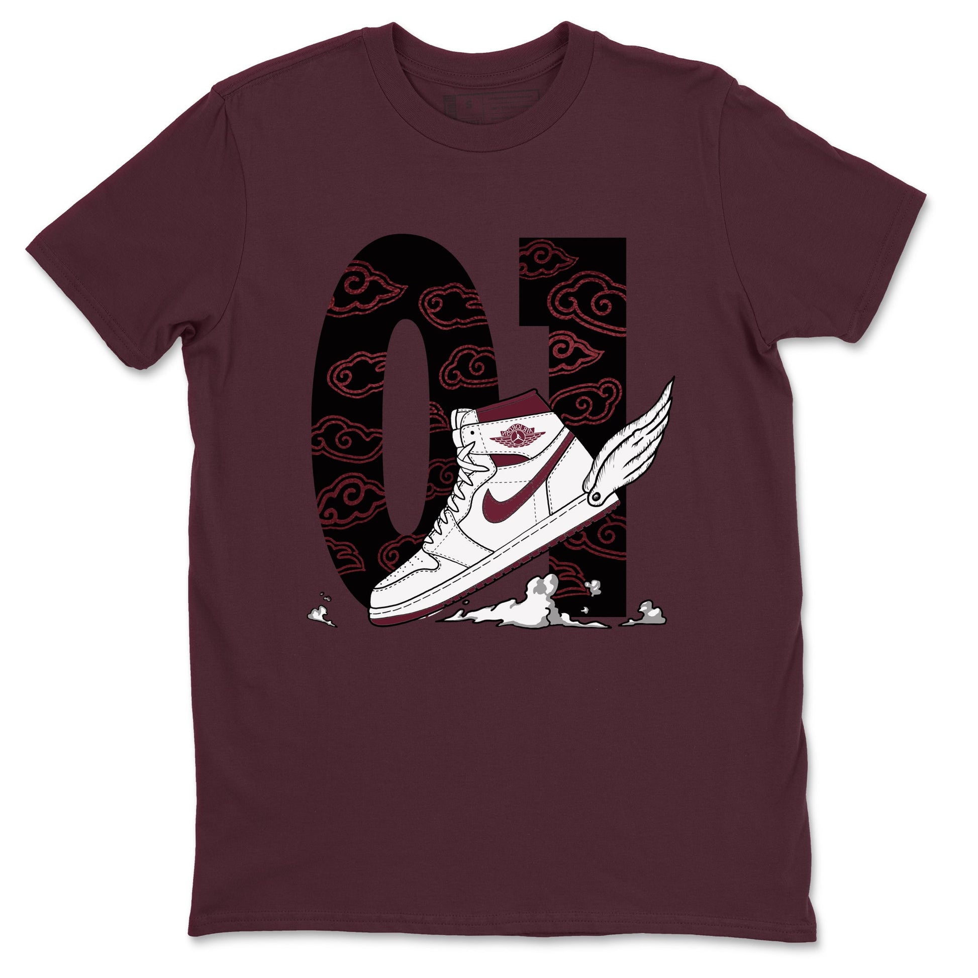 AJ1 High '85 Metallic Burgundy shirts to match jordans Fly To The Clouds sneaker match tees 1s High '85 Metallic Burgundy SNRT Sneaker Tees streetwear brand Maroon 2 unisex cotton tee