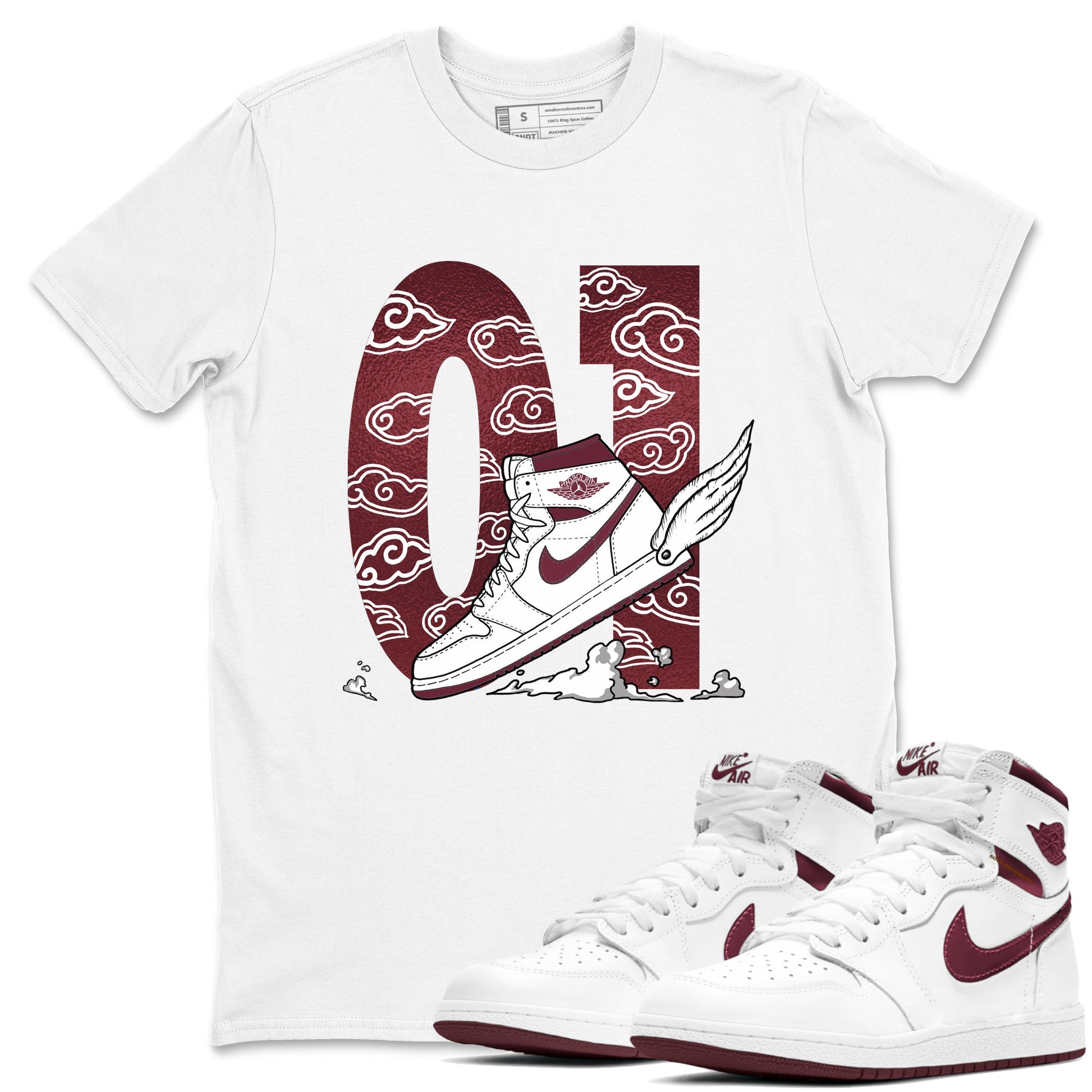 AJ1 High '85 Metallic Burgundy shirts to match jordans Fly To The Clouds sneaker match tees 1s High '85 Metallic Burgundy SNRT Sneaker Tees streetwear brand White 1 unisex cotton tee