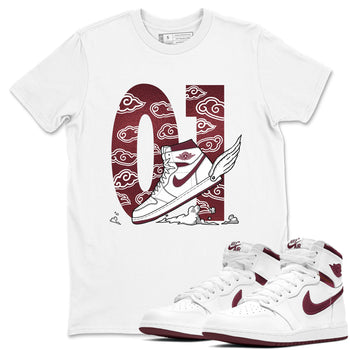 AJ1 High '85 Metallic Burgundy shirts to match jordans Fly To The Clouds sneaker match tees 1s High '85 Metallic Burgundy SNRT Sneaker Tees streetwear brand White 1 unisex cotton tee