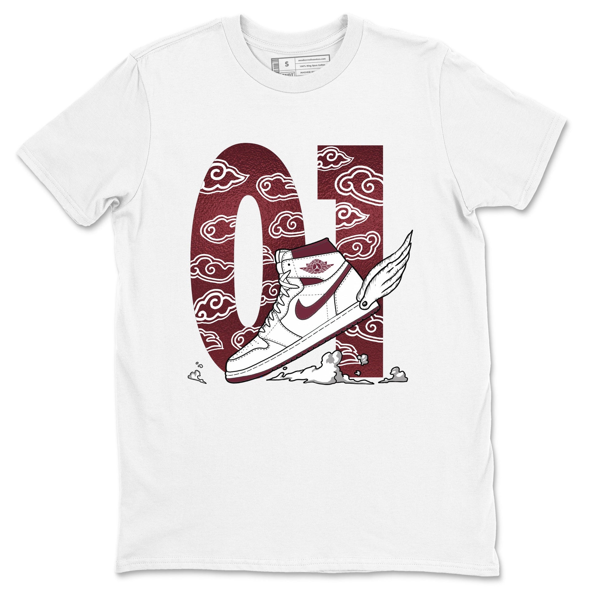 AJ1 High '85 Metallic Burgundy shirts to match jordans Fly To The Clouds sneaker match tees 1s High '85 Metallic Burgundy SNRT Sneaker Tees streetwear brand White 2 unisex cotton tee