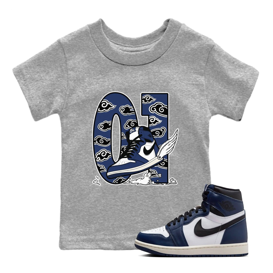 1s Midnight Navy shirts to match jordans Fly To The Clouds sneaker match tees Air Jordan 1 Midnight Navy match shoes to clothes SNRT Sneaker Tees Youth Baby Heather Grey 1 tee