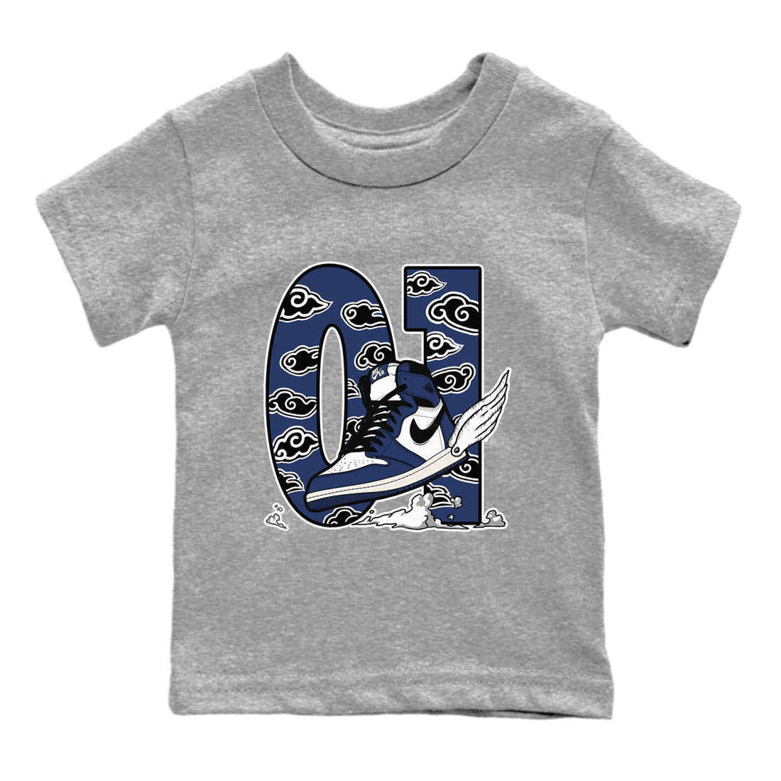 1s Midnight Navy shirts to match jordans Fly To The Clouds sneaker match tees Air Jordan 1 Midnight Navy match shoes to clothes SNRT Sneaker Tees Youth Baby Heather Grey 2 tee
