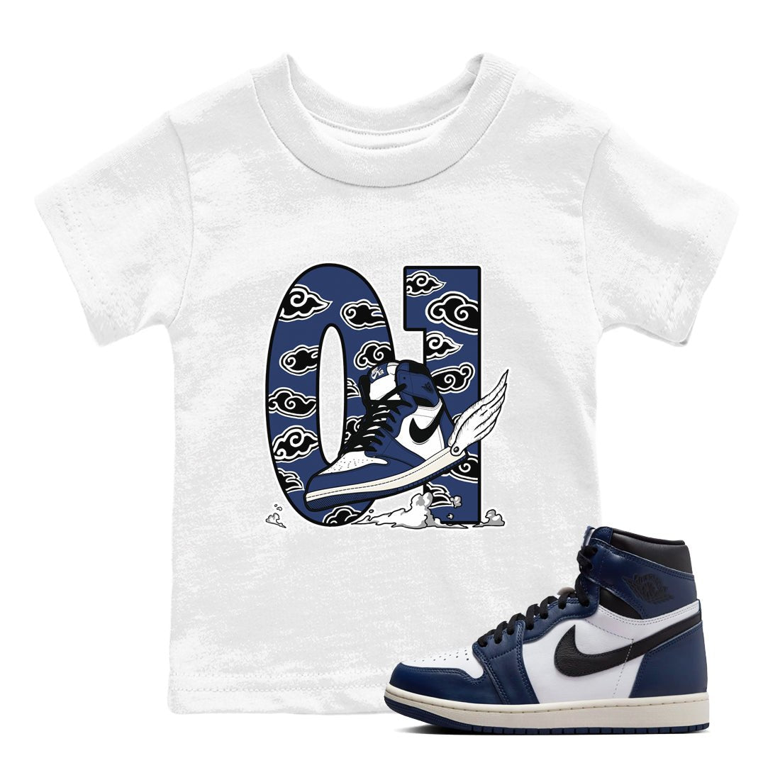 1s Midnight Navy shirts to match jordans Fly To The Clouds sneaker match tees Air Jordan 1 Midnight Navy match shoes to clothes SNRT Sneaker Tees Youth Baby White 1 tee