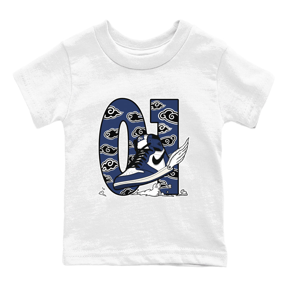 1s Midnight Navy shirts to match jordans Fly To The Clouds sneaker match tees Air Jordan 1 Midnight Navy match shoes to clothes SNRT Sneaker Tees Youth Baby White 2 tee