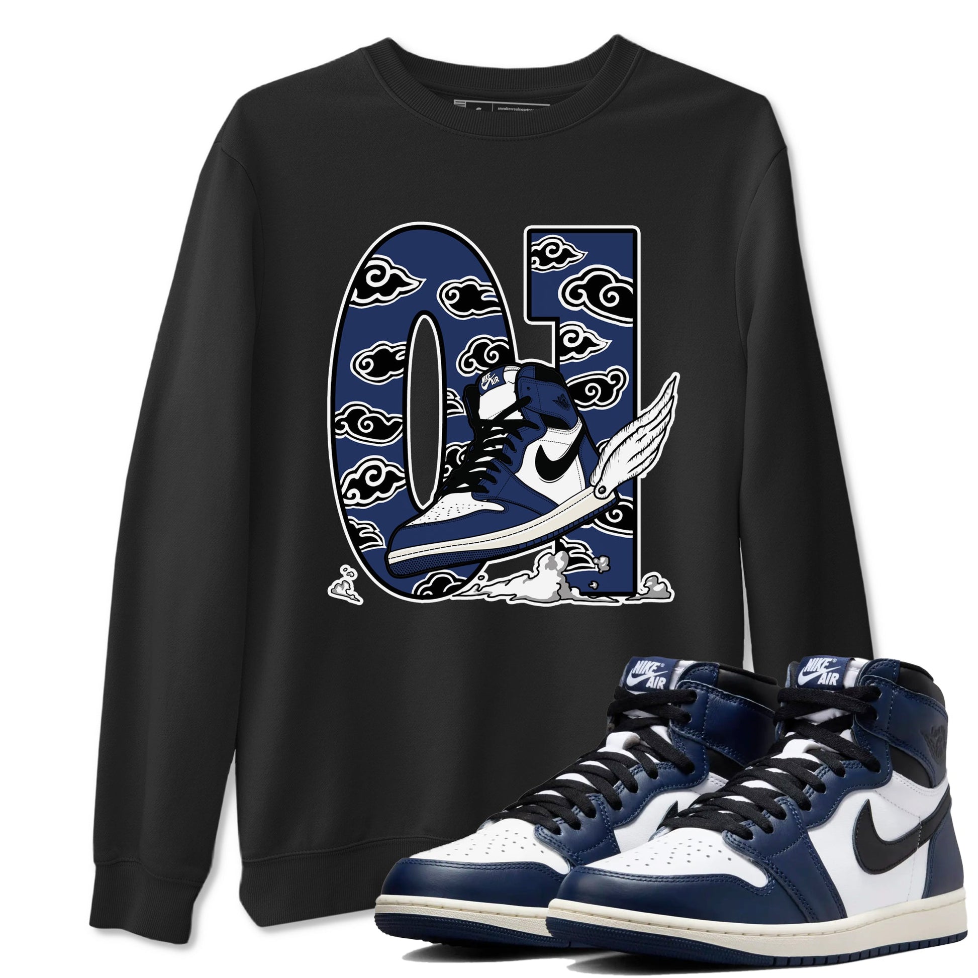 1s Midnight Navy shirts to match jordans Fly To The Clouds sneaker match tees Air Jordan 1 Midnight Navy match shoes to clothes SNRT Sneaker Tees unisex cotton Black 1 shirts