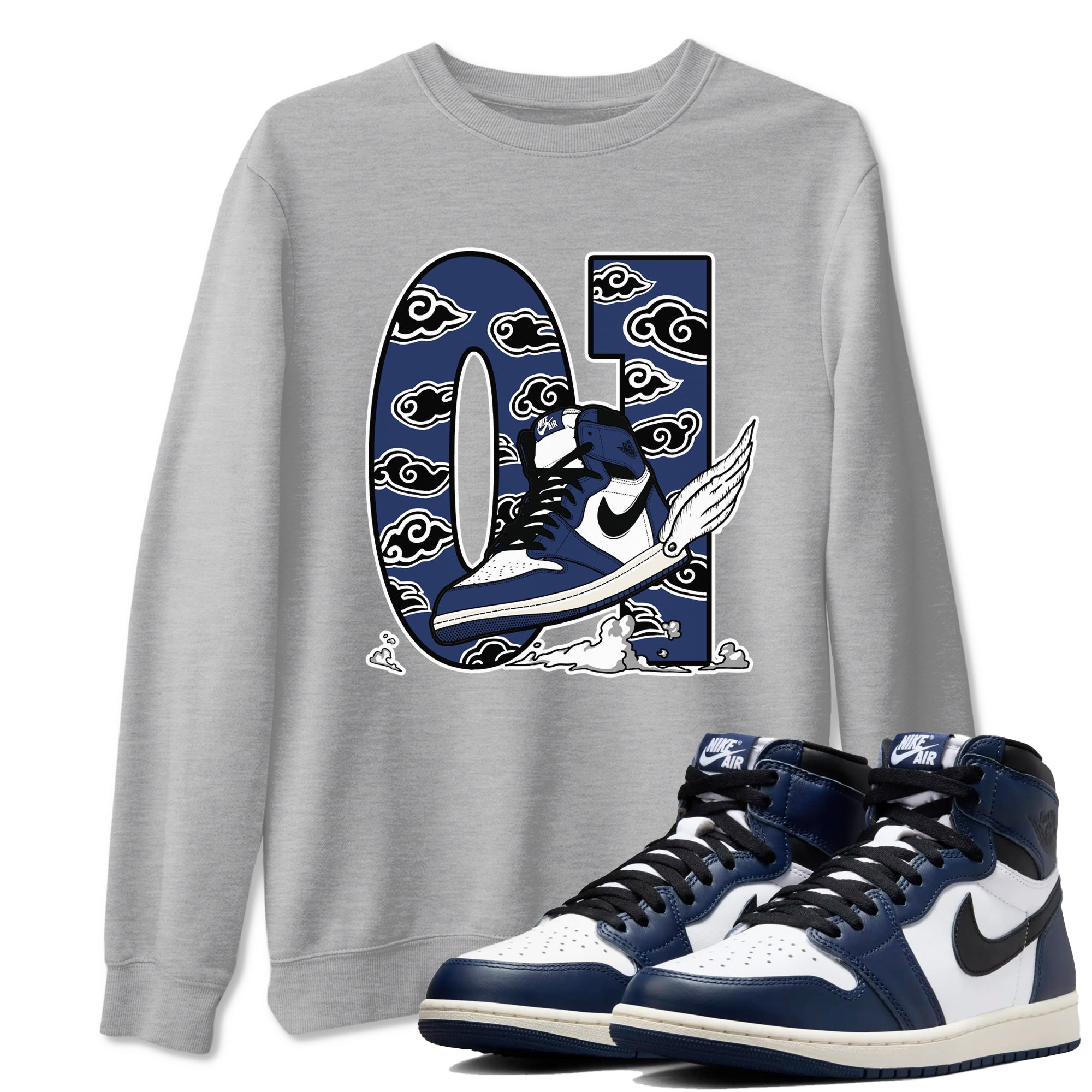 1s Midnight Navy shirts to match jordans Fly To The Clouds sneaker match tees Air Jordan 1 Midnight Navy match shoes to clothes SNRT Sneaker Tees unisex cotton Heather Grey 1 shirts