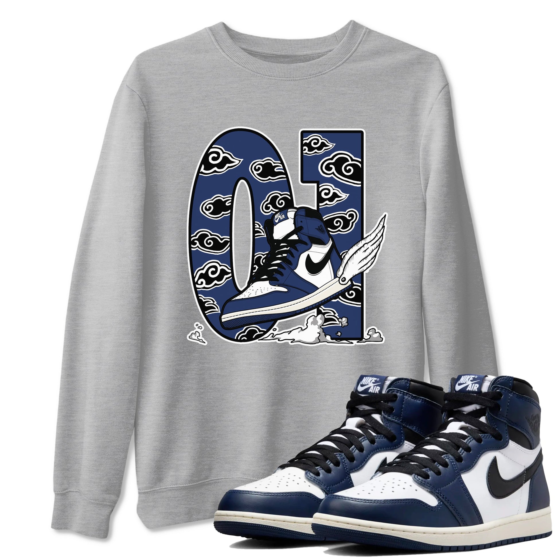 1s Midnight Navy shirts to match jordans Fly To The Clouds sneaker match tees Air Jordan 1 Midnight Navy match shoes to clothes SNRT Sneaker Tees unisex cotton Heather Grey 1 shirts