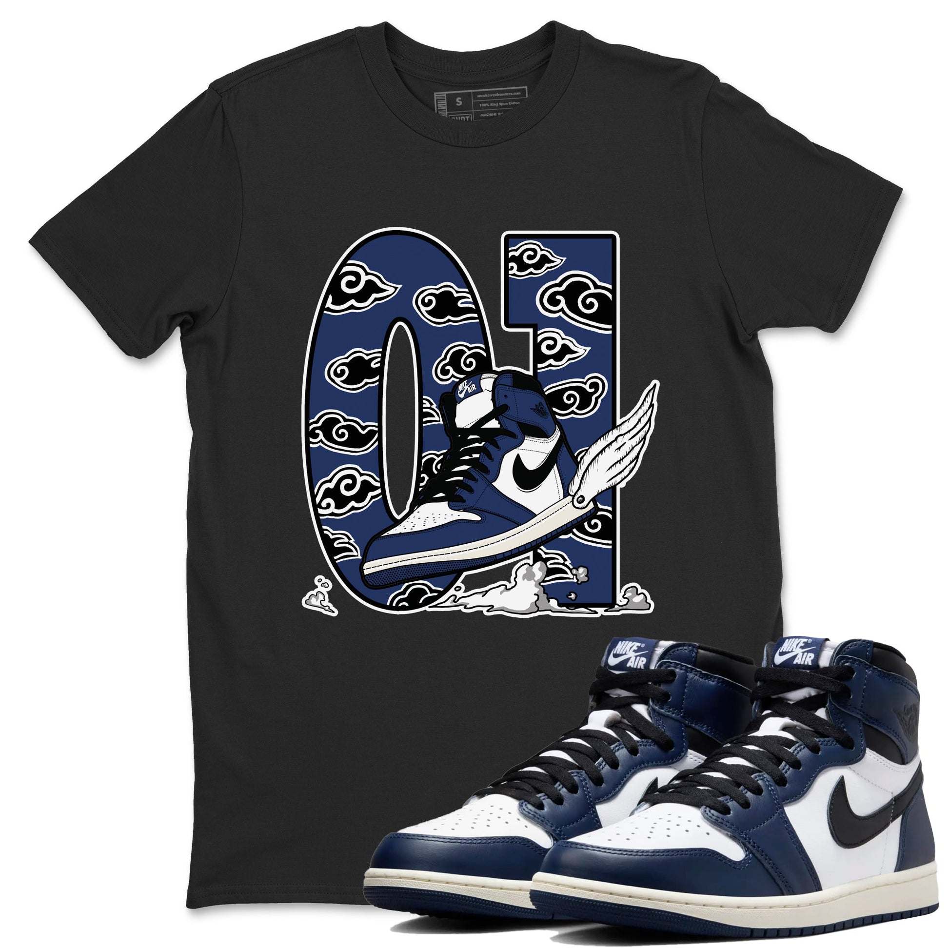 1s Midnight Navy shirts to match jordans Fly To The Clouds sneaker match tees Air Jordan 1 Midnight Navy match shoes to clothes SNRT Sneaker Tees unisex cotton Black 1 shirts