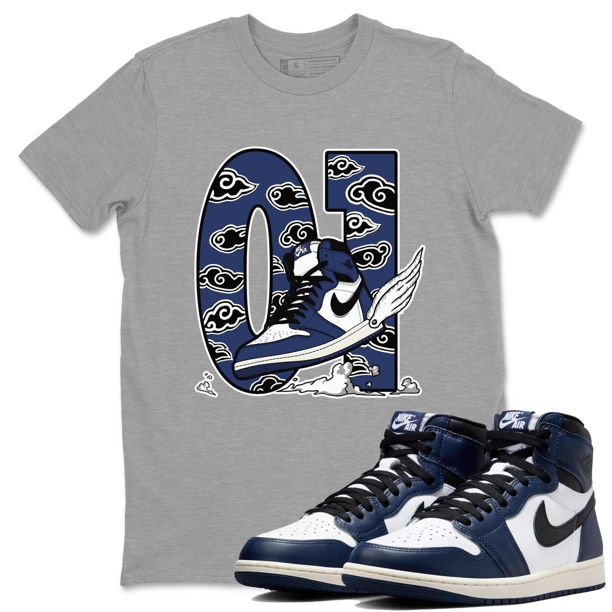 1s Midnight Navy shirts to match jordans Fly To The Clouds sneaker match tees Air Jordan 1 Midnight Navy match shoes to clothes SNRT Sneaker Tees unisex cotton Heather Grey 1 shirts