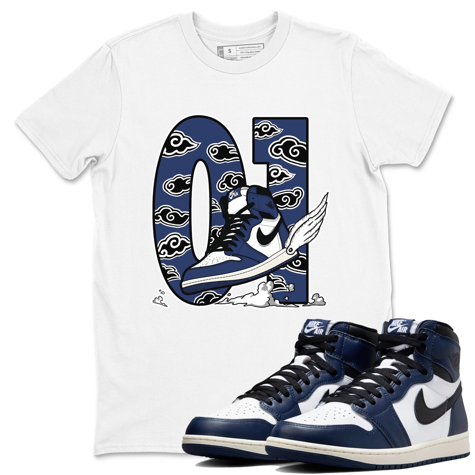 1s Midnight Navy shirts to match jordans Fly To The Clouds sneaker match tees Air Jordan 1 Midnight Navy match shoes to clothes SNRT Sneaker Tees unisex cotton White 1 shirts