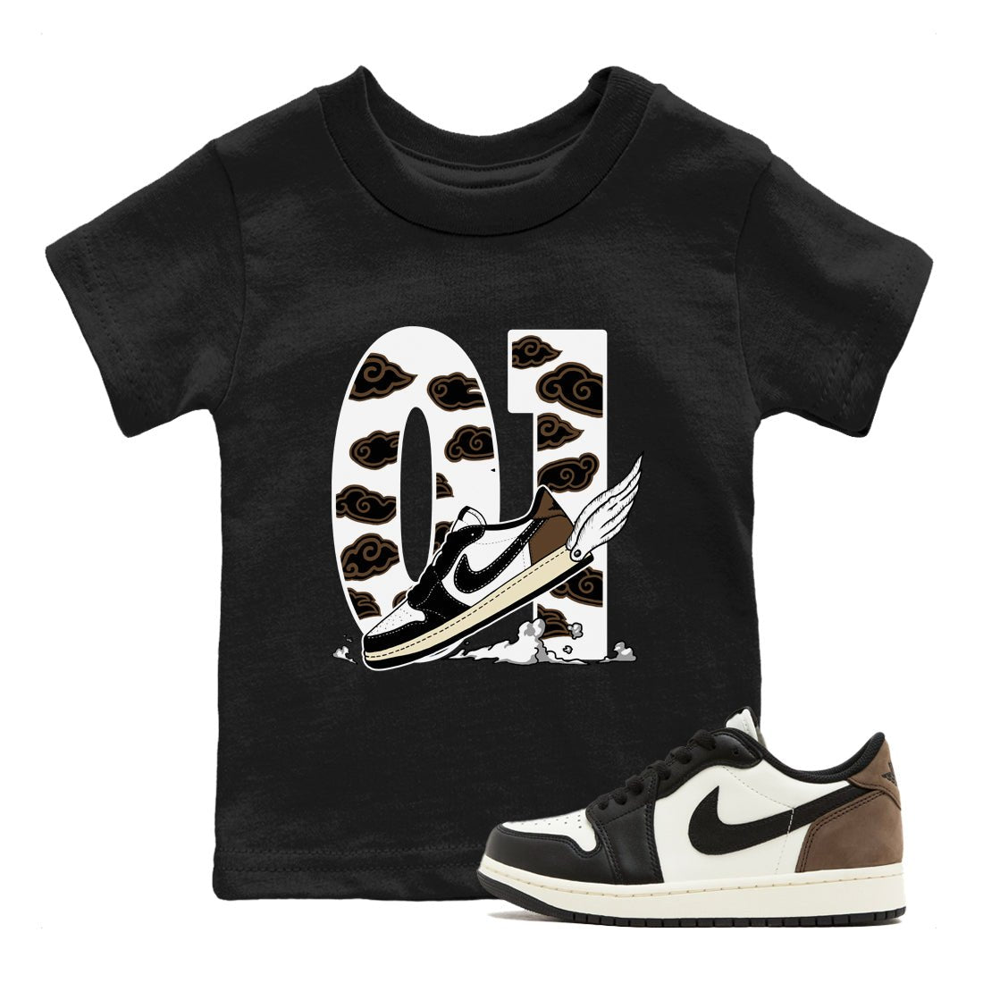 1s Mocha shirts to match jordans Fly To The Clouds sneaker match tees Air Jordan 1 Mocha SNRT Sneaker Release Tees Youth Baby Black 1 crew neck shirts