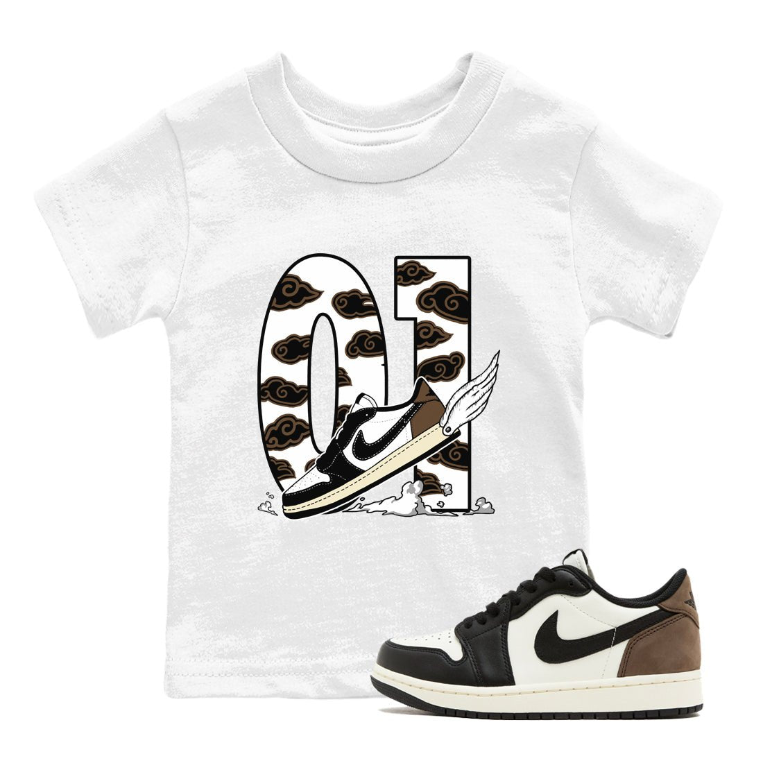 1s Mocha shirts to match jordans Fly To The Clouds sneaker match tees Air Jordan 1 Mocha SNRT Sneaker Release Tees Youth Baby White 1 crew neck shirts