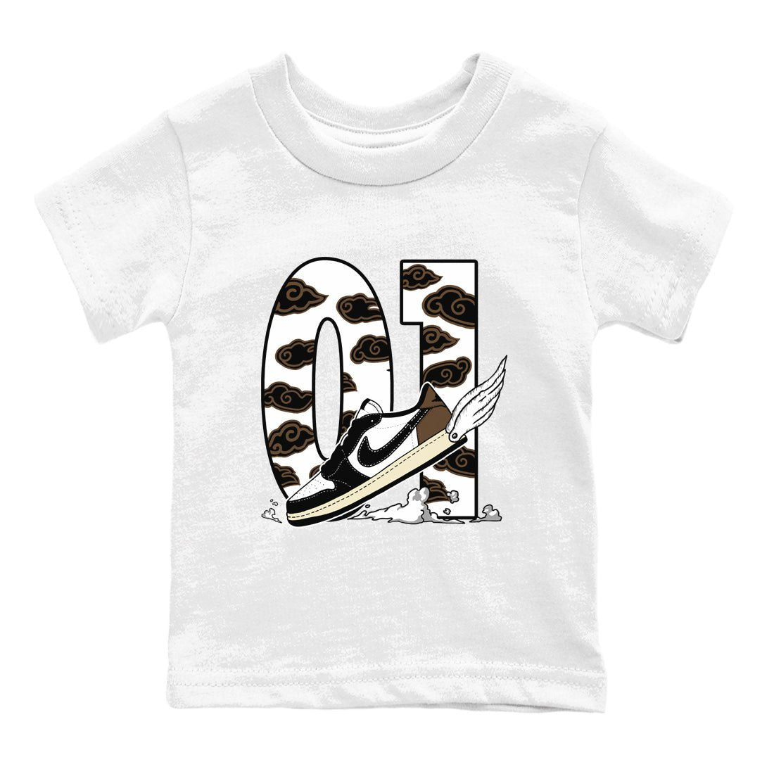 1s Mocha shirts to match jordans Fly To The Clouds sneaker match tees Air Jordan 1 Mocha SNRT Sneaker Release Tees Youth Baby White 2 crew neck shirts