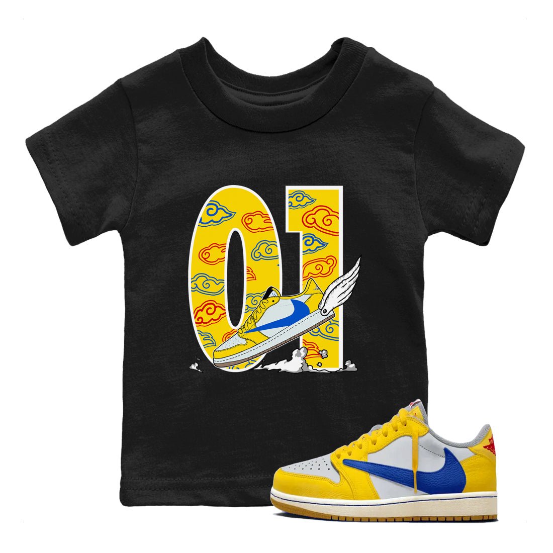 1s Travis Scott Canary shirt to match jordans Fly To The Clouds sneaker tees Air Jordan 1 Travis Scott Canary SNRT sneaker release tees baby toddler Black 1 cotton Shirt