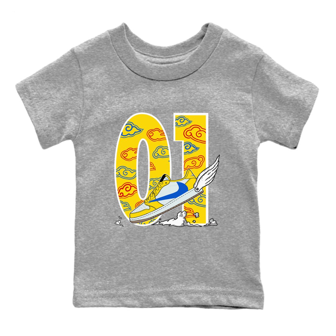 1s Travis Scott Canary shirt to match jordans Fly To The Clouds sneaker tees Air Jordan 1 Travis Scott Canary SNRT sneaker release tees baby toddler Heather Grey 2 cotton Shirt