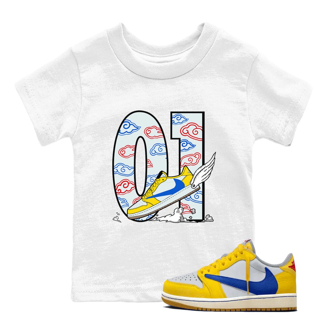 1s Travis Scott Canary shirt to match jordans Fly To The Clouds sneaker tees Air Jordan 1 Travis Scott Canary SNRT sneaker release tees baby toddler White 1 cotton Shirt