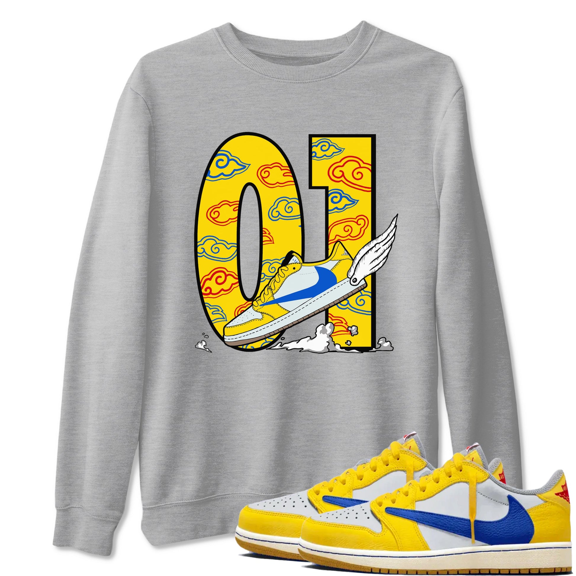 1s Travis Scott Canary shirt to match jordans Fly To The Clouds sneaker tees Air Jordan 1 Travis Scott Canary SNRT Sneaker Release Tees unisex cotton Heather Grey 1 crew neck shirt