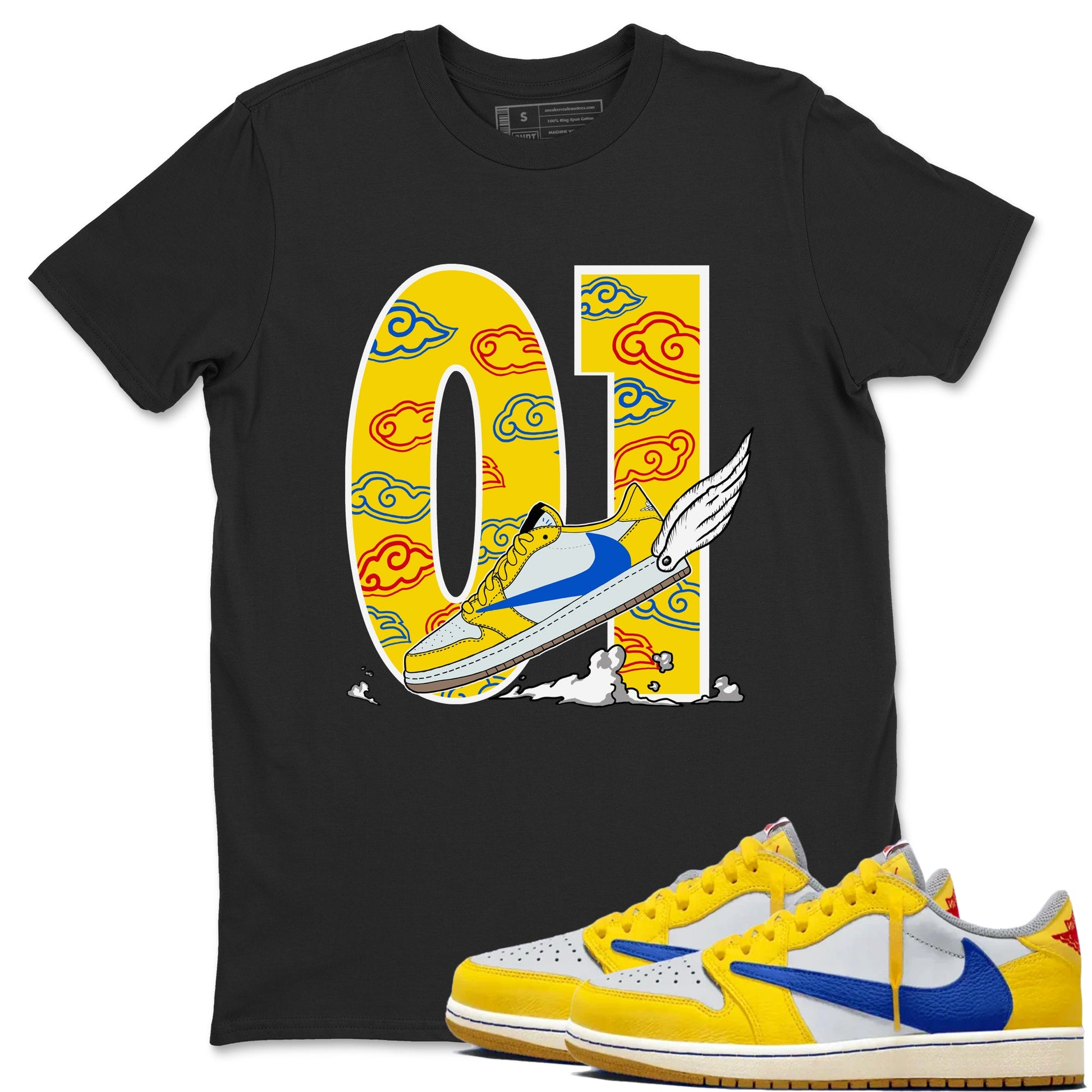 1s Travis Scott Canary shirt to match jordans Fly To The Clouds sneaker tees Air Jordan 1 Travis Scott Canary SNRT Sneaker Release Tees unisex cotton Black 1 crew neck shirt