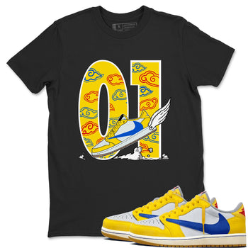 1s Travis Scott Canary shirt to match jordans Fly To The Clouds sneaker tees Air Jordan 1 Travis Scott Canary SNRT Sneaker Release Tees unisex cotton Black 1 crew neck shirt