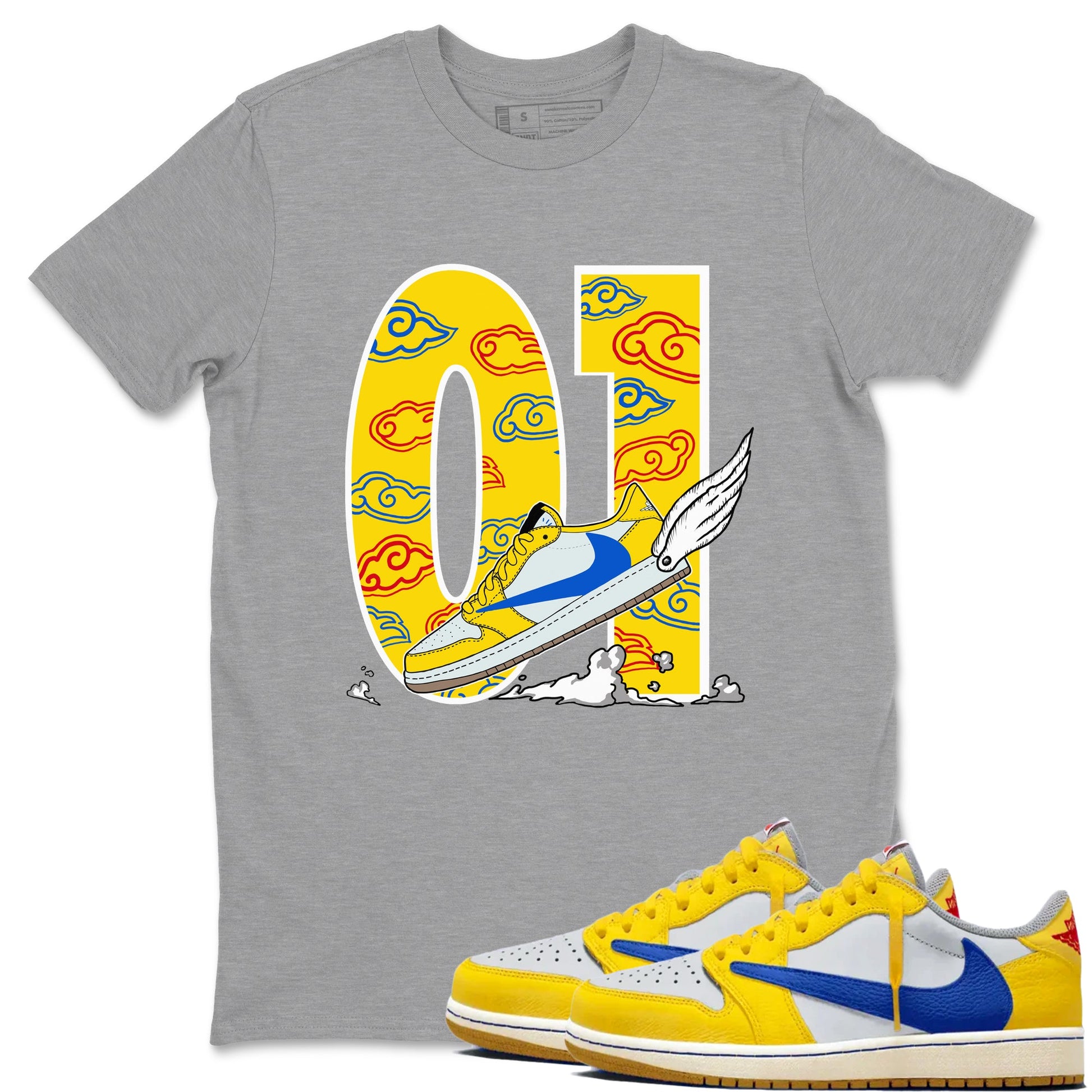 1s Travis Scott Canary shirt to match jordans Fly To The Clouds sneaker tees Air Jordan 1 Travis Scott Canary SNRT Sneaker Release Tees unisex cotton Heather Grey 1 crew neck shirt